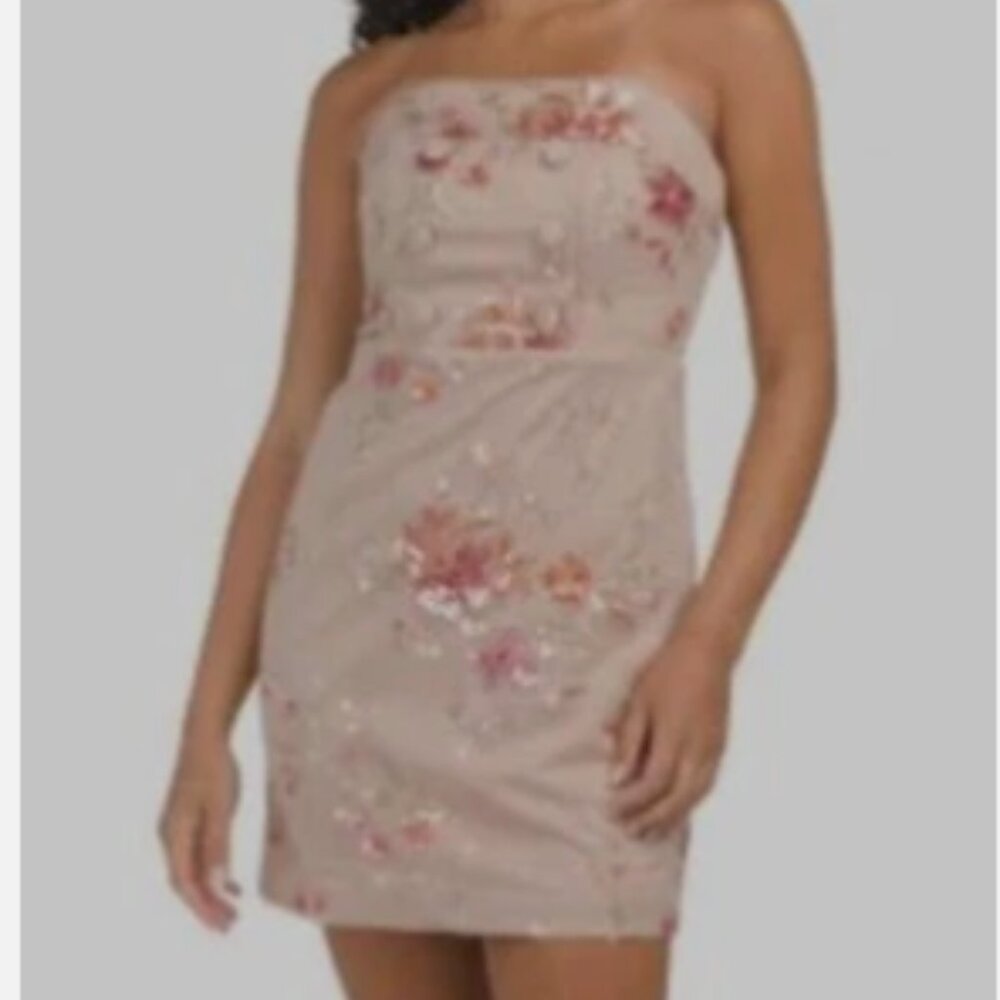 Badgley Mischka Floral Sequin Mini Cocktail Dress on Mesh - Pink - 10